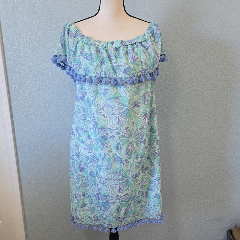 SAIL TO STABLE Off The Shoulder Dress In Bloom Print Sz XL Blue Green Mini Midi